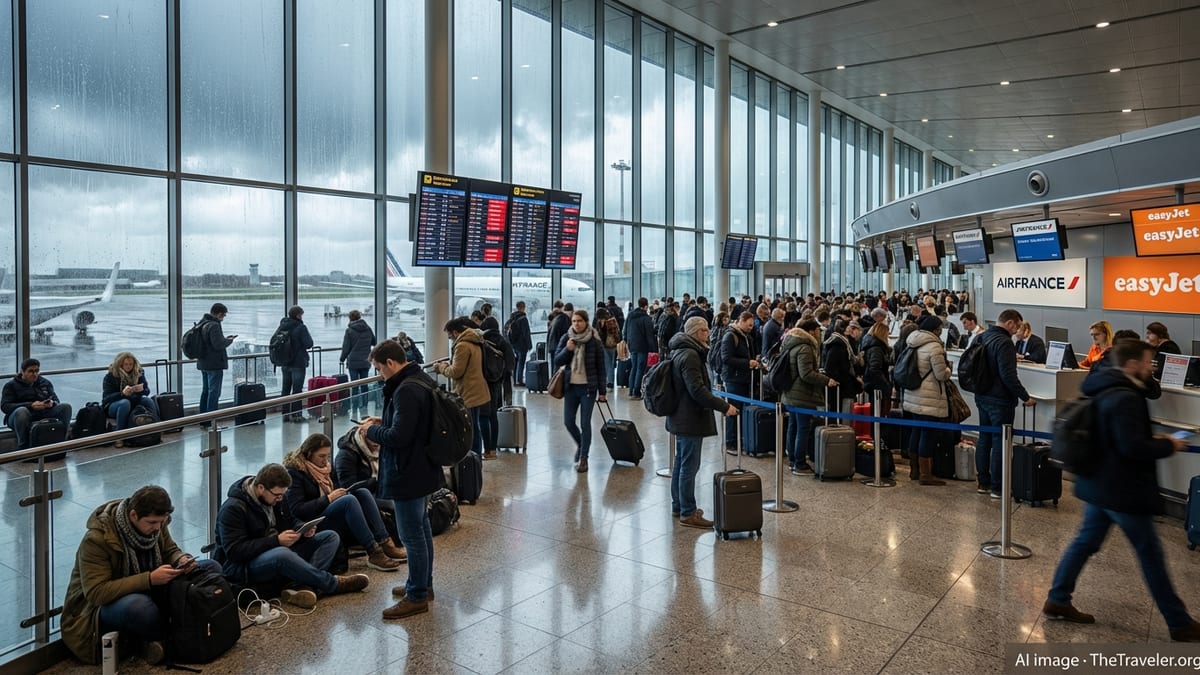 Crowded Paris airport departures hall as heavy rain from Storm Pedro disrupts flights.