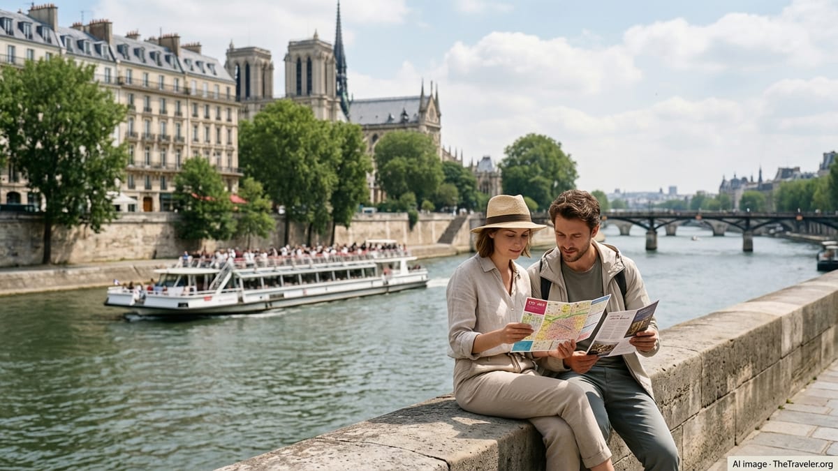 Travelers holding a France tourist pass beside a river with Paris landmarks in the background.