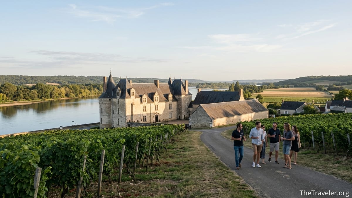 Vineyards leading to a Loire Valley château by the river at golden hour with small group of travelers walking.