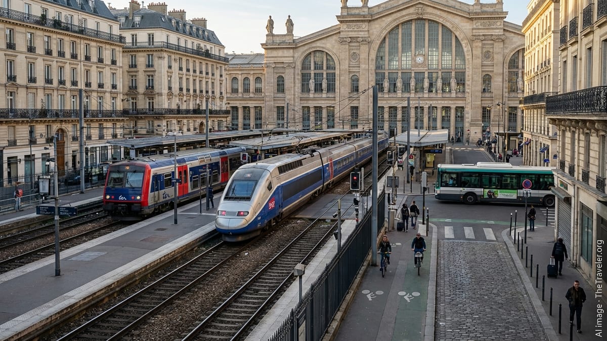 High speed and regional trains, buses and cyclists converging around Paris Gare du Nord at golden hour.