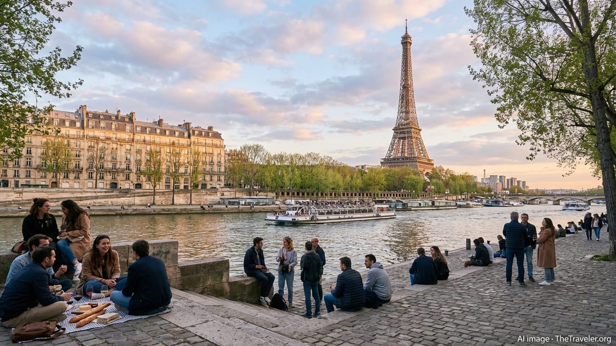 Evening view of the Seine in Paris with people on the quay and the Eiffel Tower in the background.