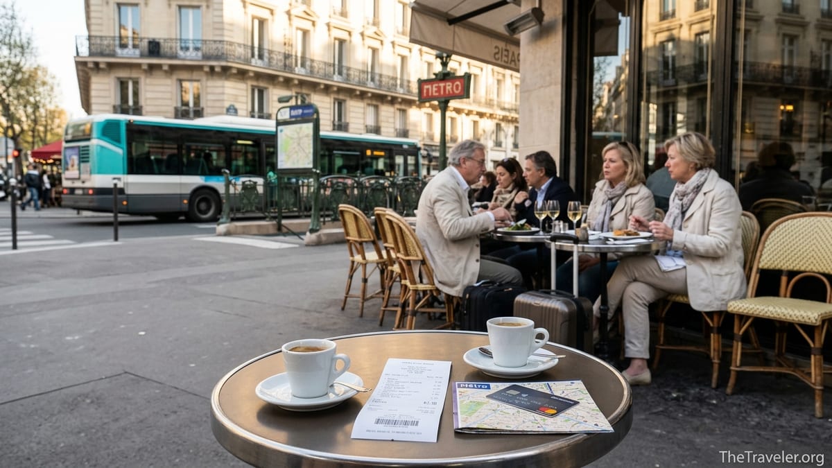 Paris café table with receipt, metro ticket and card overlooking busy boulevard.