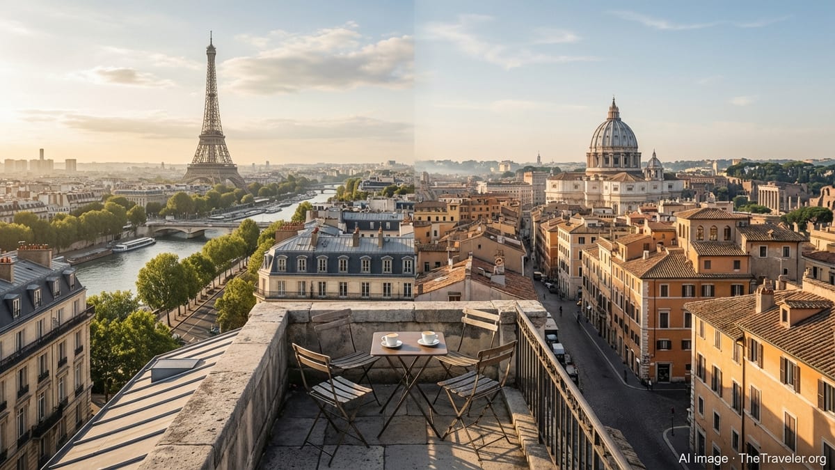 Golden hour terrace view blending Paris rooftops and Rome skyline with iconic landmarks.