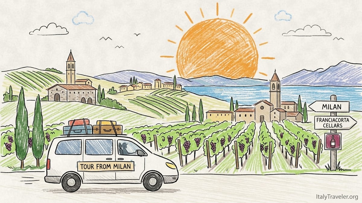 Travelers walking through Franciacorta vineyards on rolling hills near Lake Iseo in early autumn.