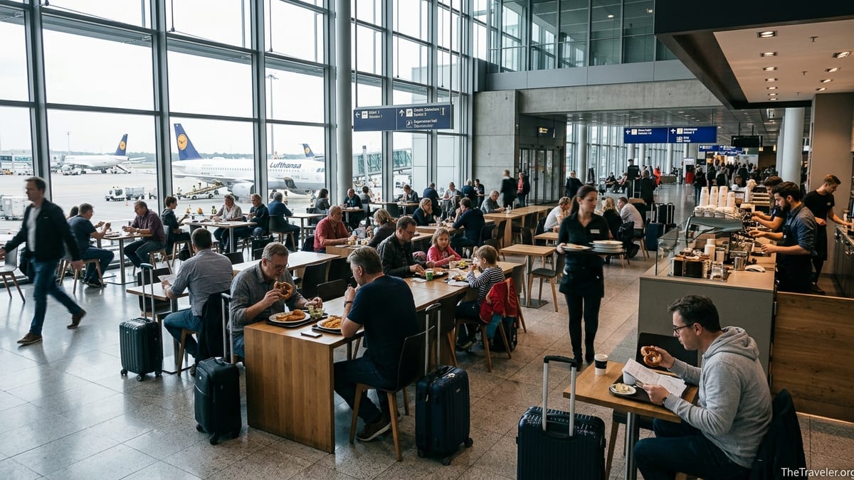 Travelers dining at restaurants and cafés inside Frankfurt Airport Terminal 1 with runway views.