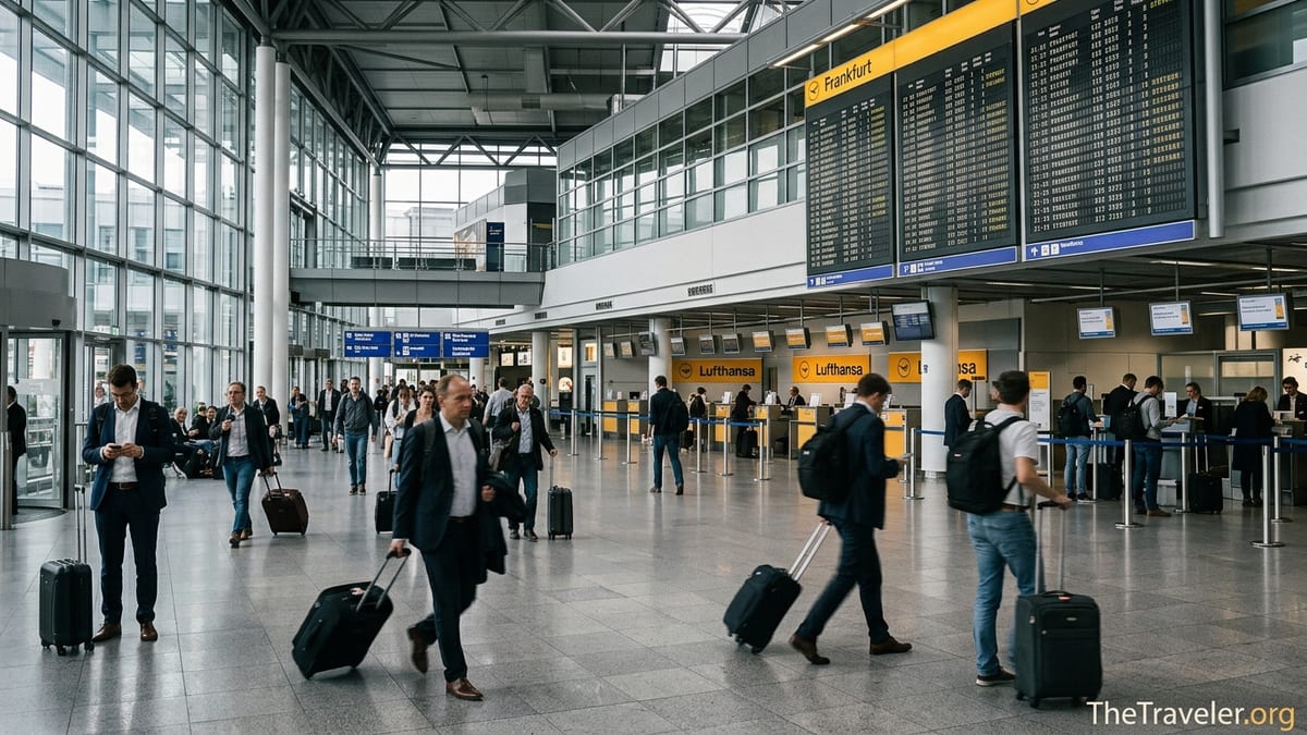 Passengers walking through Frankfurt Airport Terminal 1 departure hall with signs and luggage.
