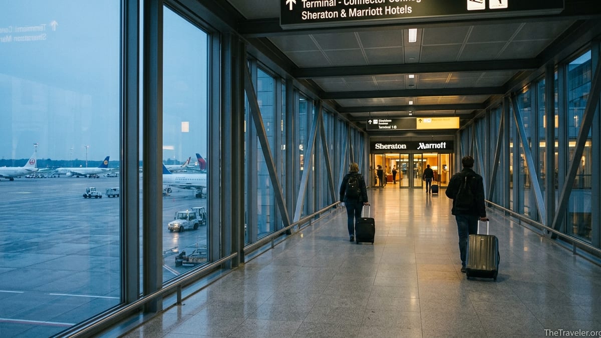 Pedestrian bridge linking Frankfurt Airport Terminal 1 to nearby hotels at dawn.