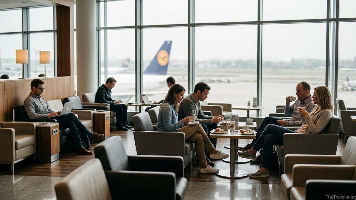 Travelers relaxing and working in a bright premium lounge at Frankfurt Airport.