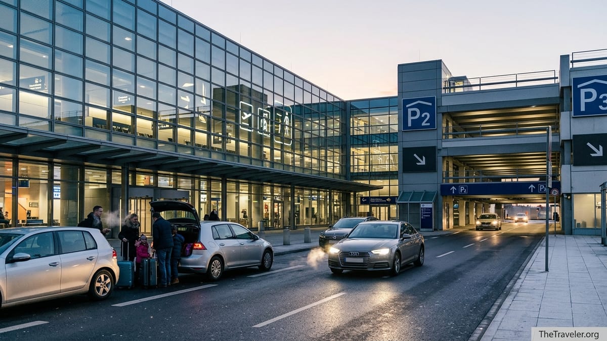 Cars entering the multi-storey parking garage beside Frankfurt Airport Terminal 1 at dawn.