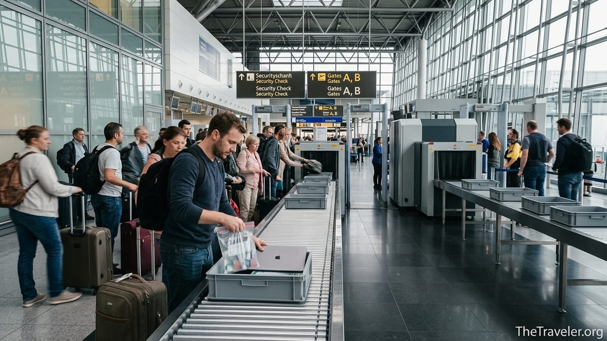 Travelers queue at Frankfurt Airport security checkpoint with trays and CT scanners visible.
