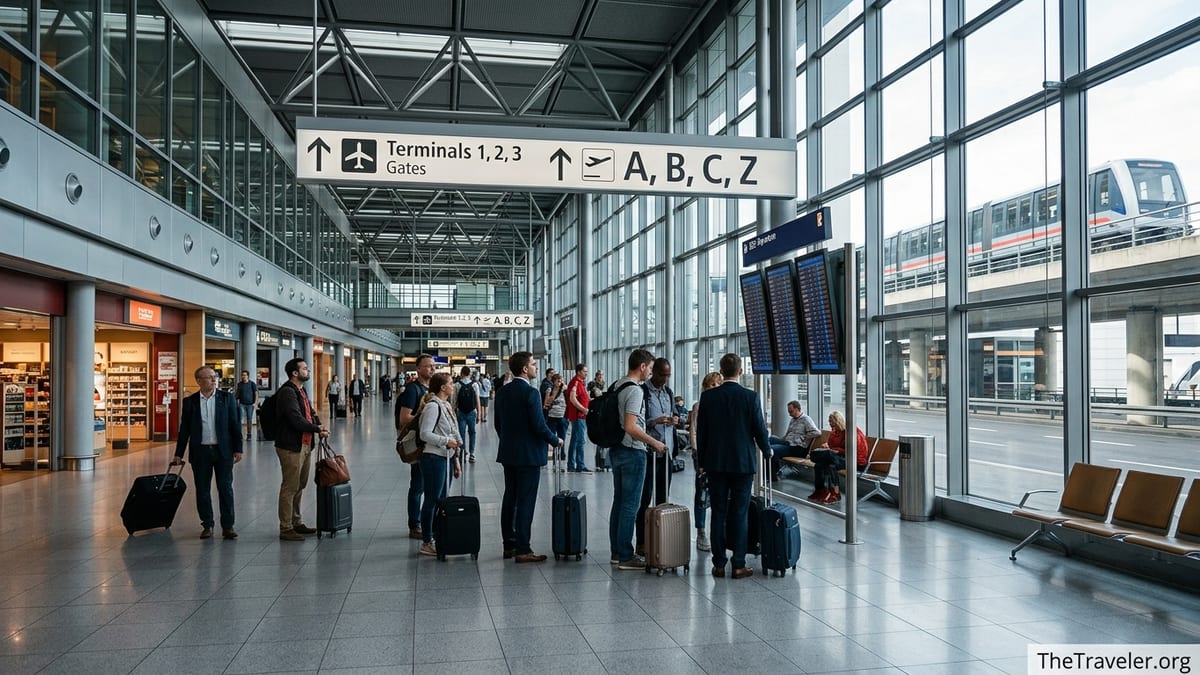 Busy Frankfurt Airport terminal concourse with passengers and signs for multiple terminals.