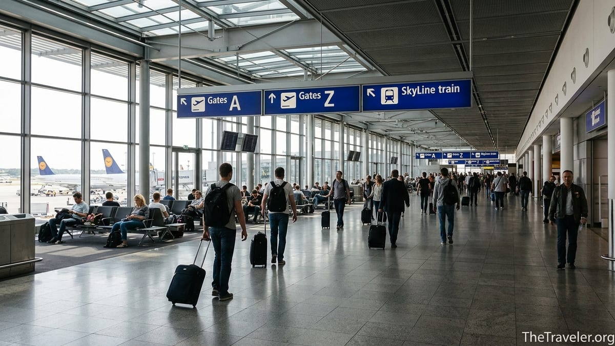 Travelers walking through Frankfurt Airport Terminal 1 with clear signs to gates and SkyLine train.