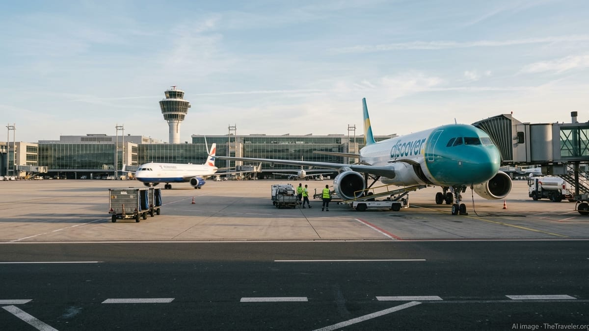 Discover Airlines jet at Frankfurt Airport at sunrise with terminal and taxiing aircraft in background.