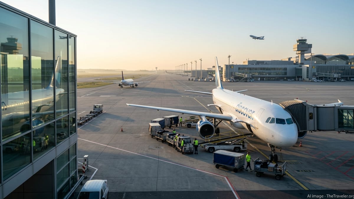 Discover Airlines jet at Frankfurt Airport gate at sunrise with busy ground crew.