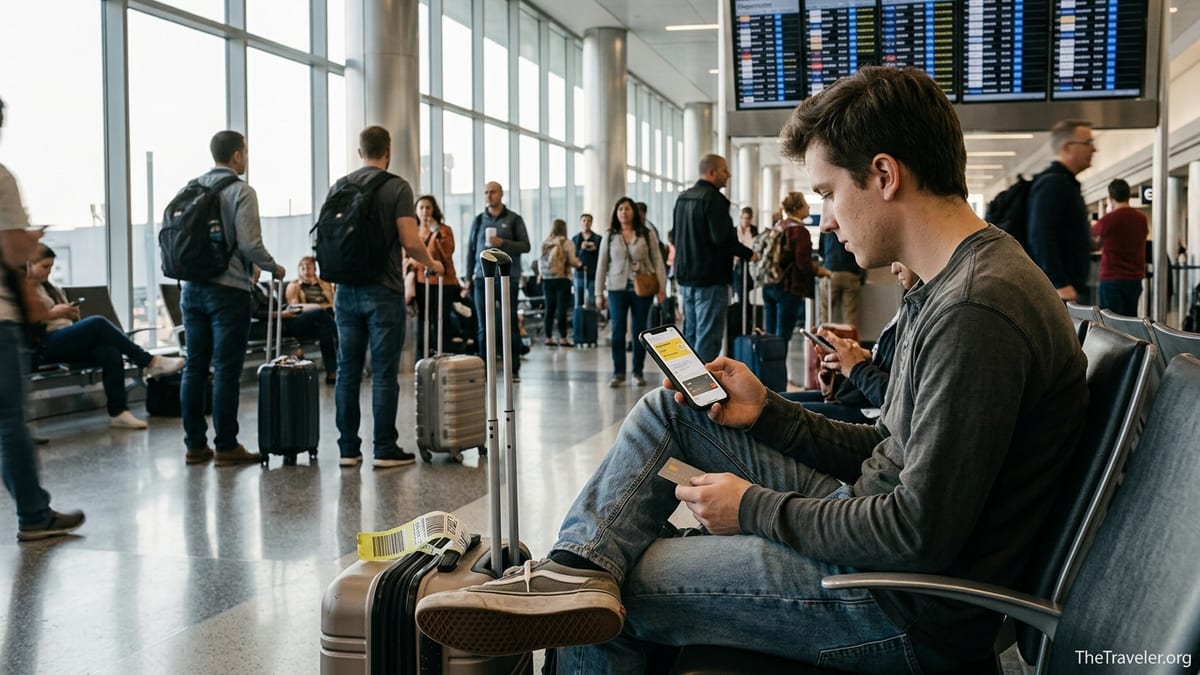 Traveler in a modern airport terminal checking a credit card and budget flight details on a phone.