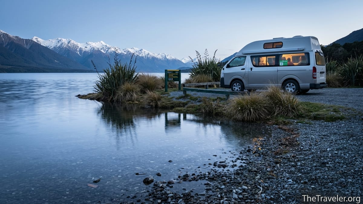 Self-contained campervan with green warrant parked by a New Zealand lake at dusk.
