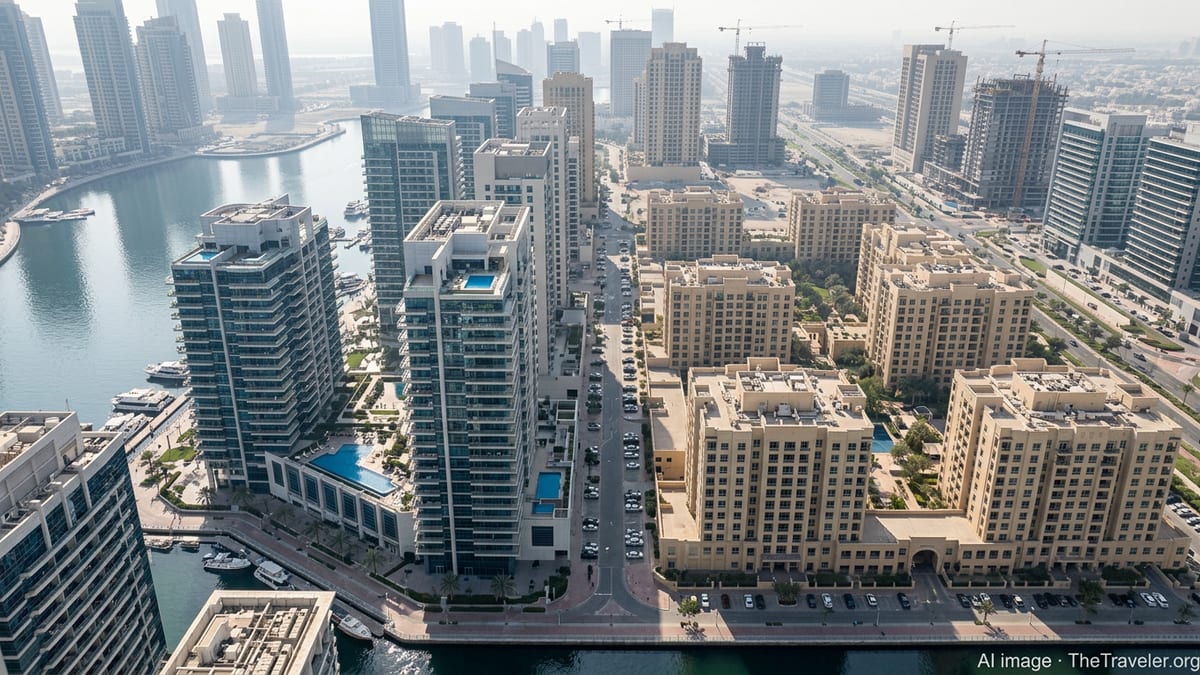Aerial view of contrasting Dubai residential districts along a marina