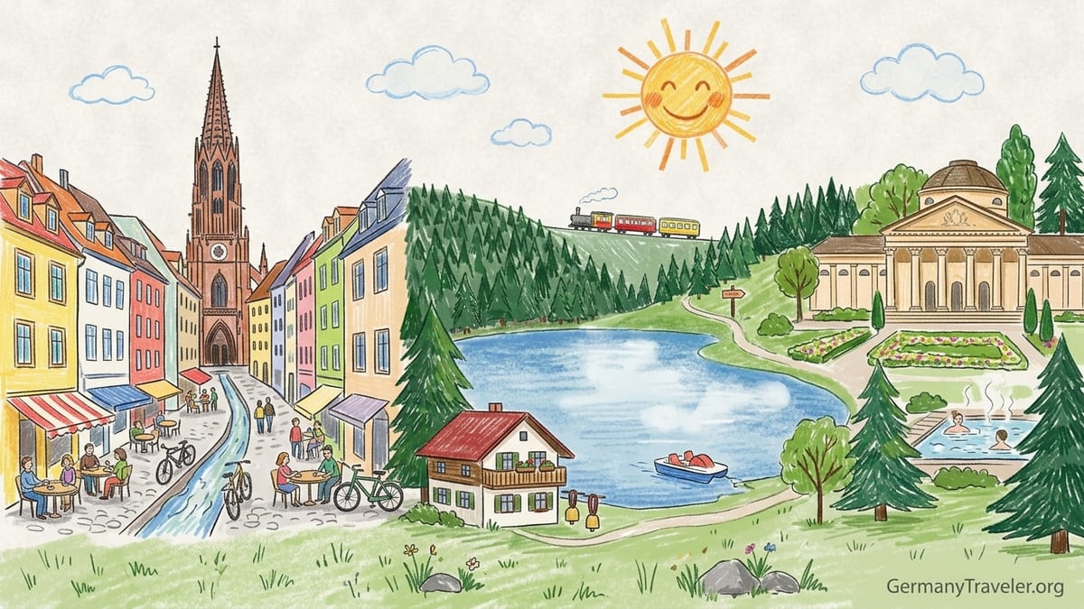 Early morning view over Lake Titisee with forested hills and a couple walking a lakeside path.