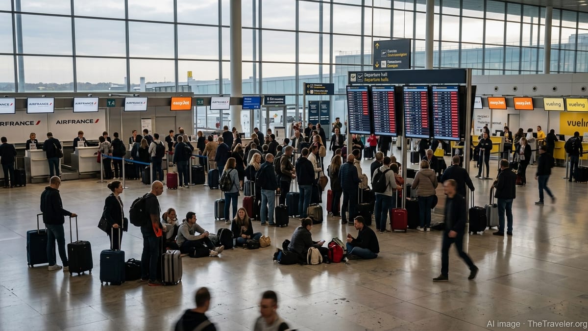 Crowded departure hall at a French airport with many delayed flights on the information board.