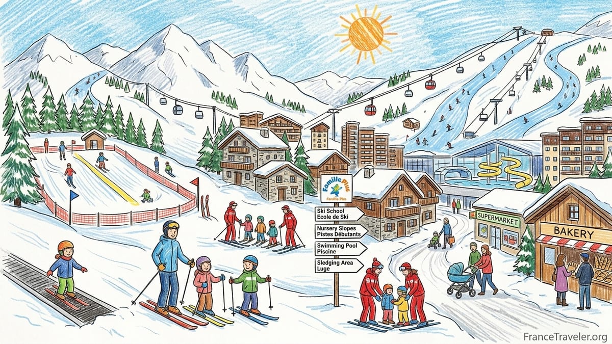 Families with children learning to ski on gentle slopes in a French Alps village.