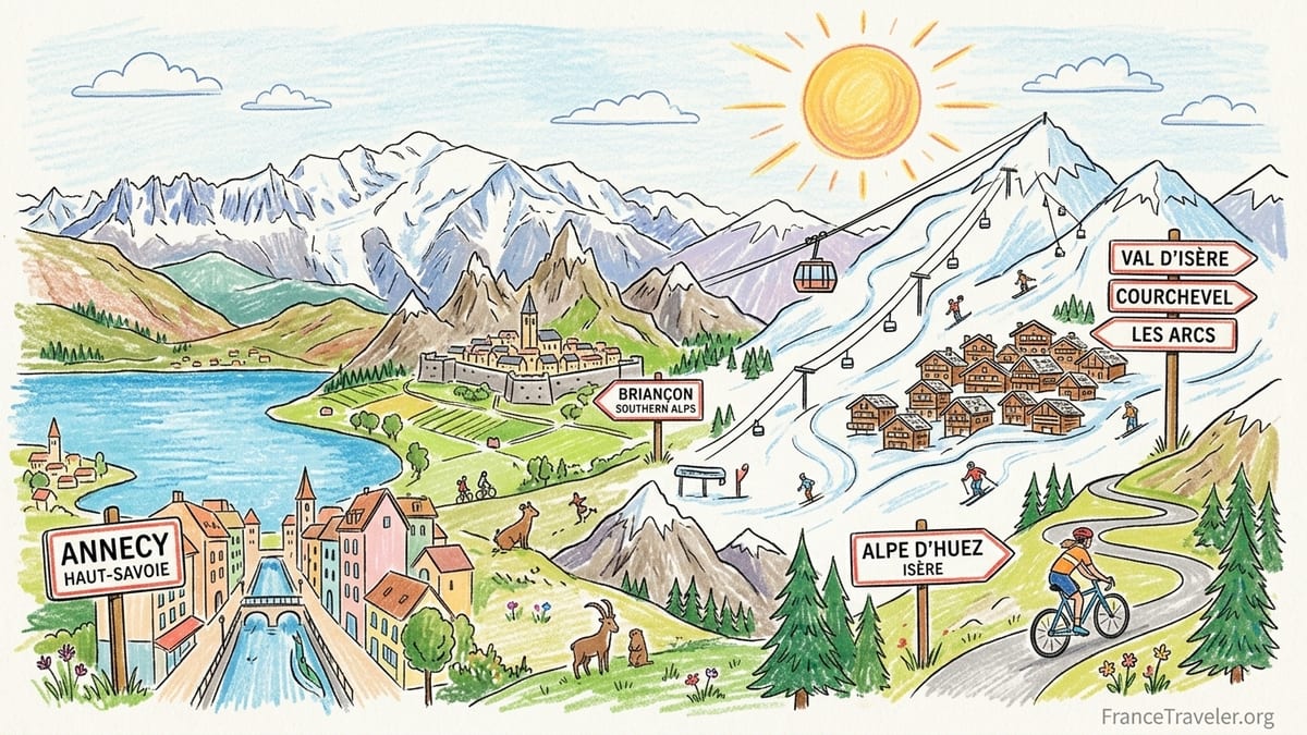 Summer view of French Alpine valley with village below Mont Blanc’s snow-capped peaks.