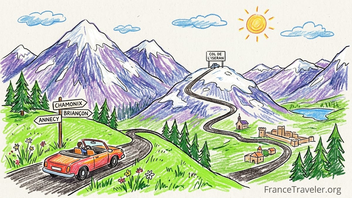 Summer mountain road near Col de l’Iseran winding through green French Alps with distant snowy peaks.