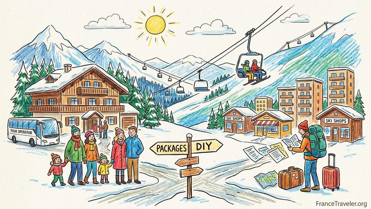 Skiers and families on a sunny piste in a French Alps ski-in ski-out resort.