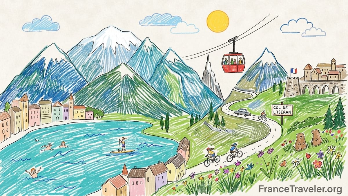 Summer view over Lake Annecy with swimmers, boats and green French Alps peaks in the background.