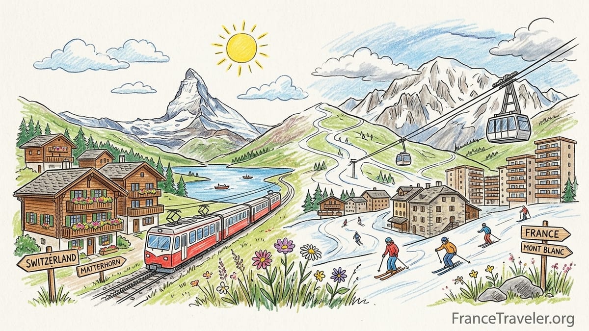 Panoramic view of French and Swiss Alpine peaks with chalets on a grassy ridge