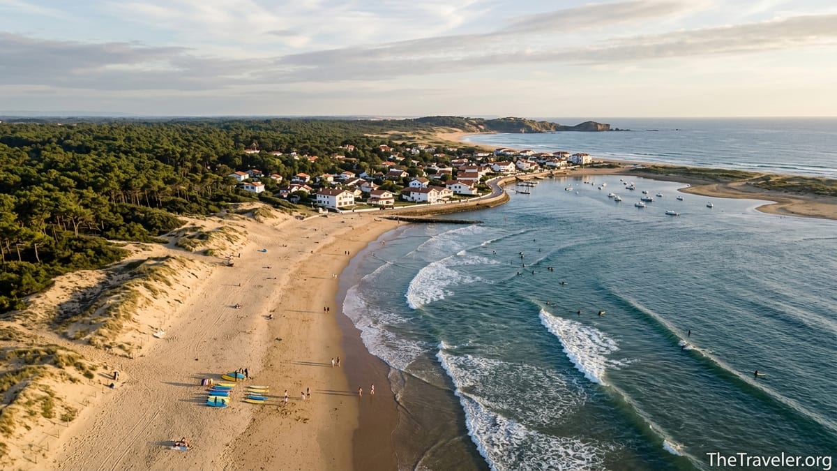 Aerial view of a sandy French Atlantic surf beach backed by pine forest and a seaside town at golden hour.