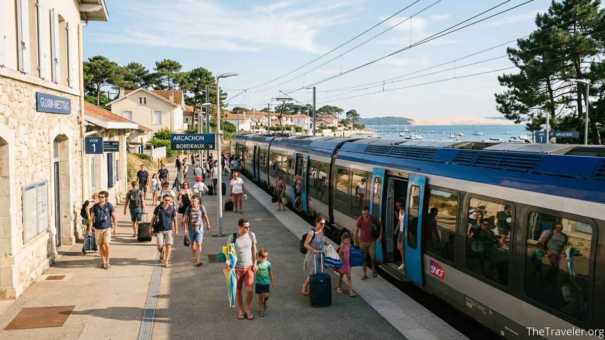 Regional train arriving at a small station on the French Atlantic coast near Arcachon.