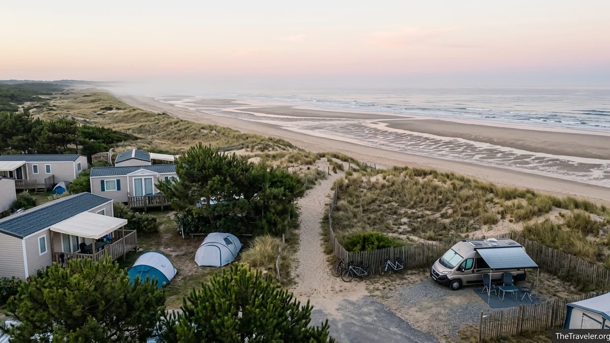 Sunrise over a French Atlantic coast campsite with dunes, mobile homes and a campervan near the beach.