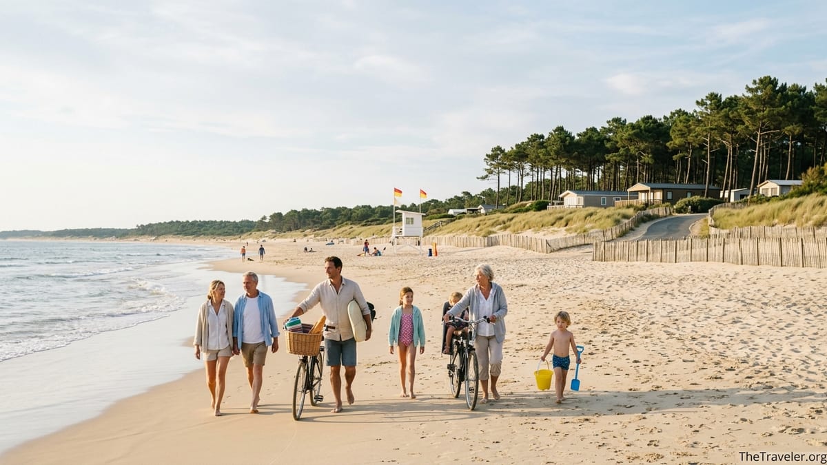 Family walking with bikes on a sandy French Atlantic beach backed by dunes and pines.