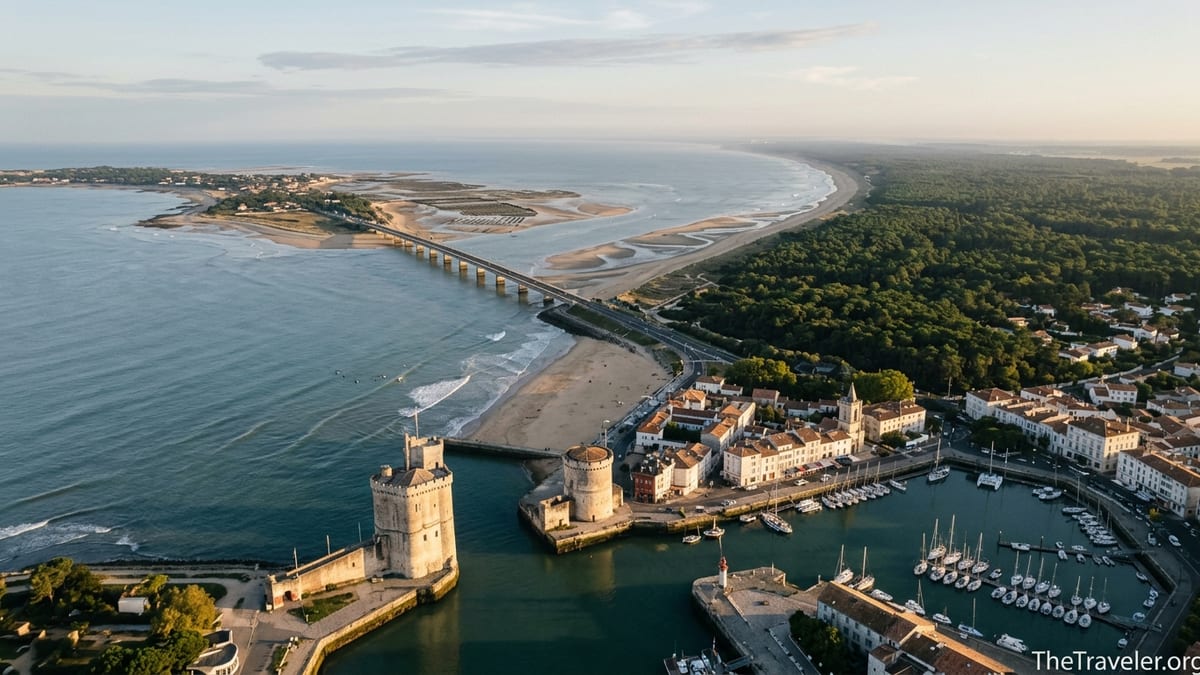 Aerial view of La Rochelle harbor and Atlantic coastline with bridge to Île de Ré at sunset.