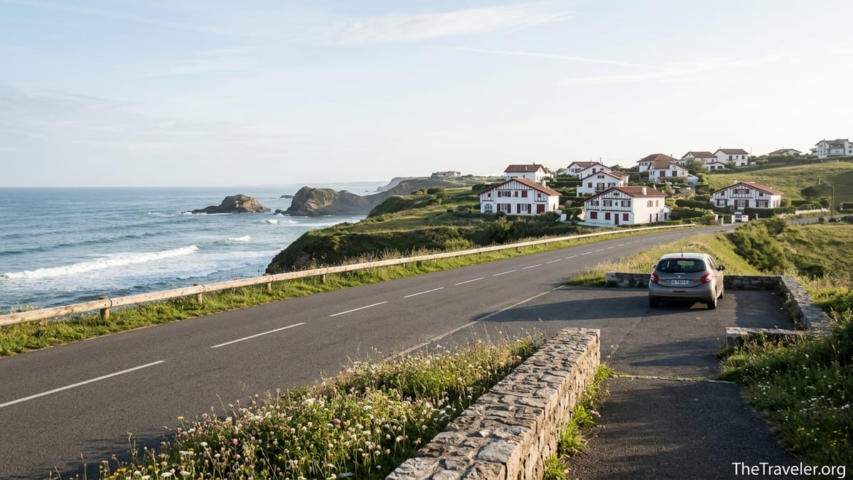 Coastal road near Biarritz with a parked car overlooking the Atlantic Ocean at sunset.
