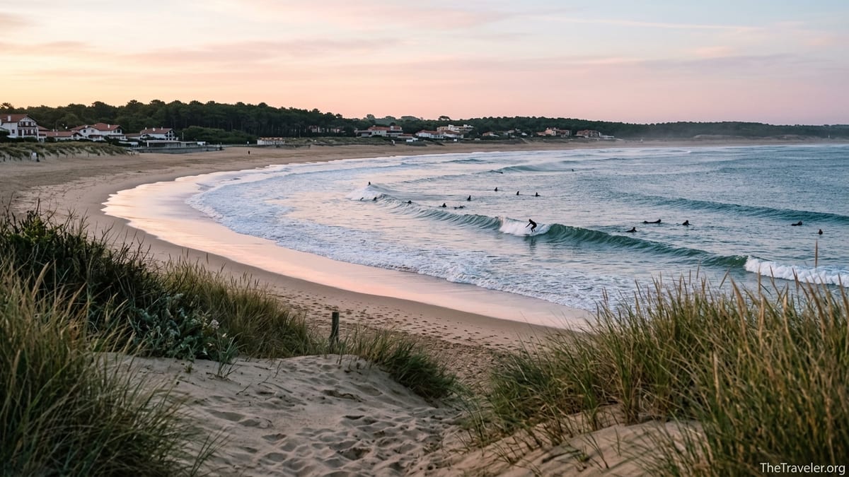 Surfers catching small waves at sunrise on a sandy Atlantic beach near Hossegor, France