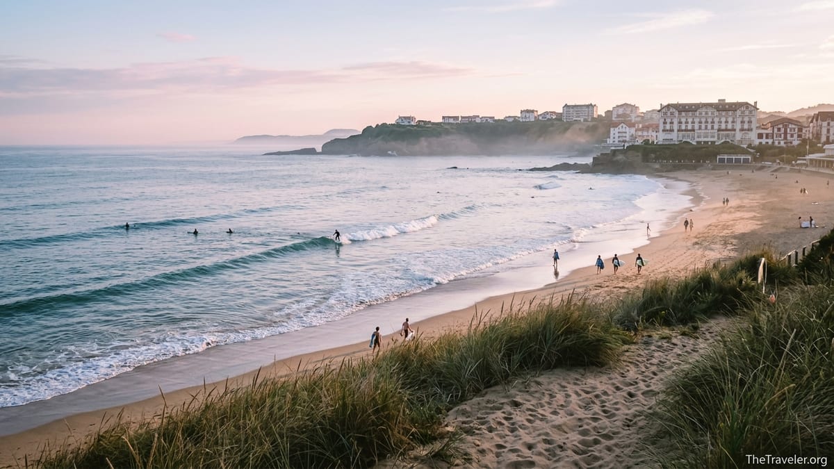 Early morning surfers and beach walkers on the French Atlantic coast near Biarritz.