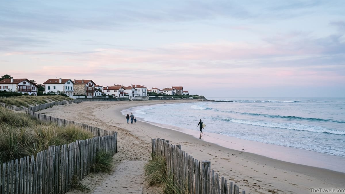 Early morning view of a sandy French Atlantic beach with dunes, houses and a lone surfer.