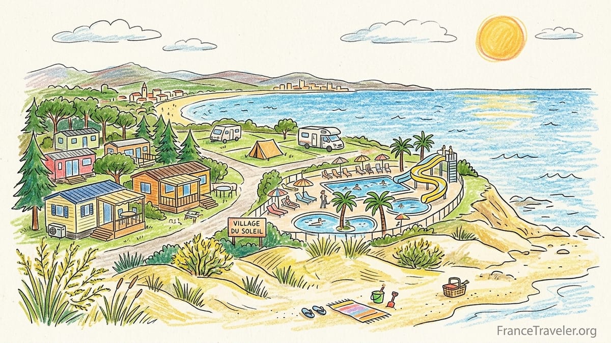 Family beachfront campsite with tents and mobile homes on the French Mediterranean at sunset.