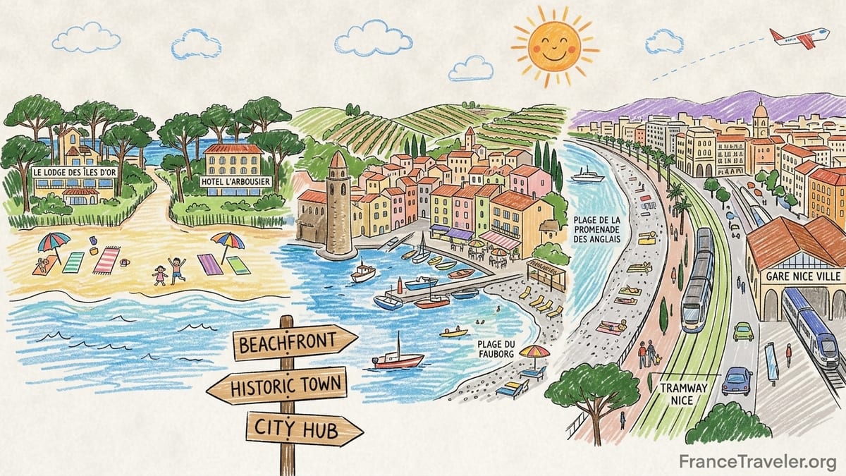 Aerial view of varied French Mediterranean coastline with harbor town, sandy beach and city seafront at sunset.