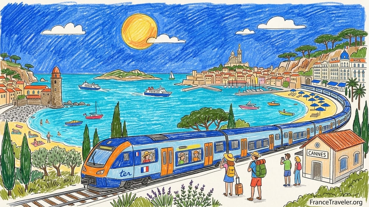 A regional train runs along the French Mediterranean coast above a beach and village near Nice.