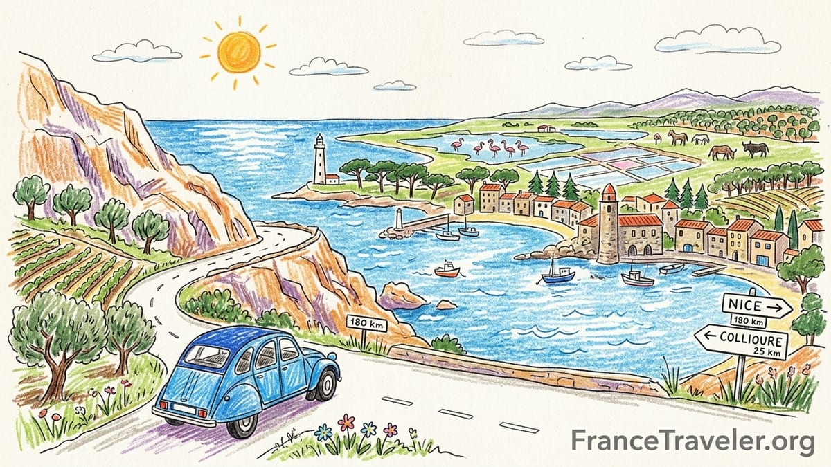 Cliffside road above turquoise calanques near Cassis on the French Mediterranean coast.