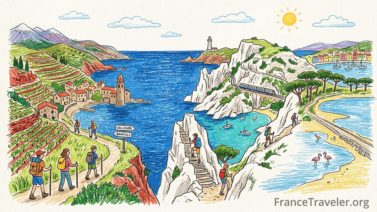 Hiker on a coastal path above red cliffs and blue sea on the French Mediterranean.