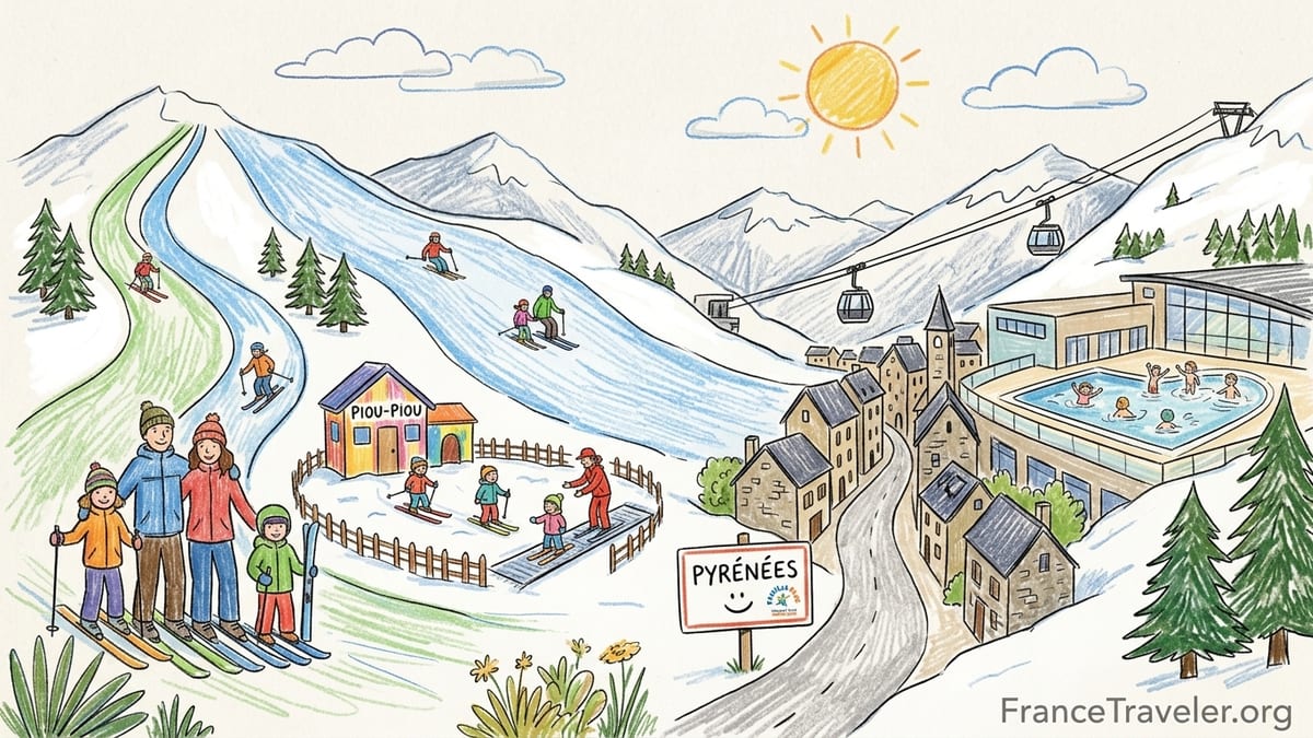 Family ski beginners area in a sunny French Pyrenees resort village.