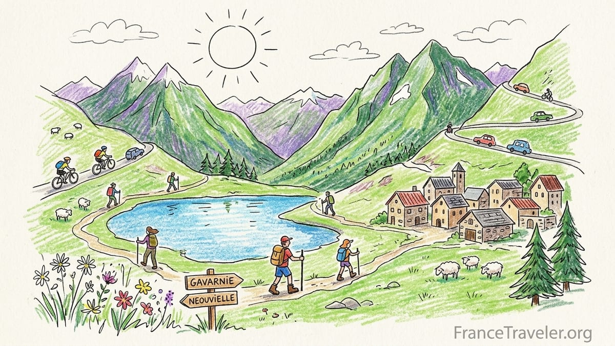 Summer hiking trail with flowers and peaks in the French Pyrenees near Gavarnie.
