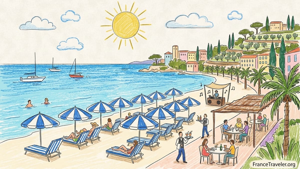 Quiet French Riviera beach club at sunrise with sunbeds and parasols facing a calm turquoise sea.