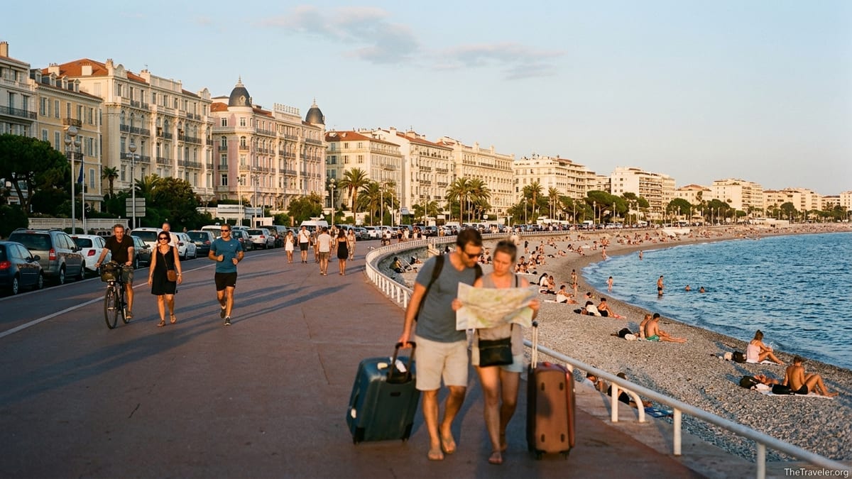 Early evening view of Nice promenade with tourists, locals and busy pebble beach.