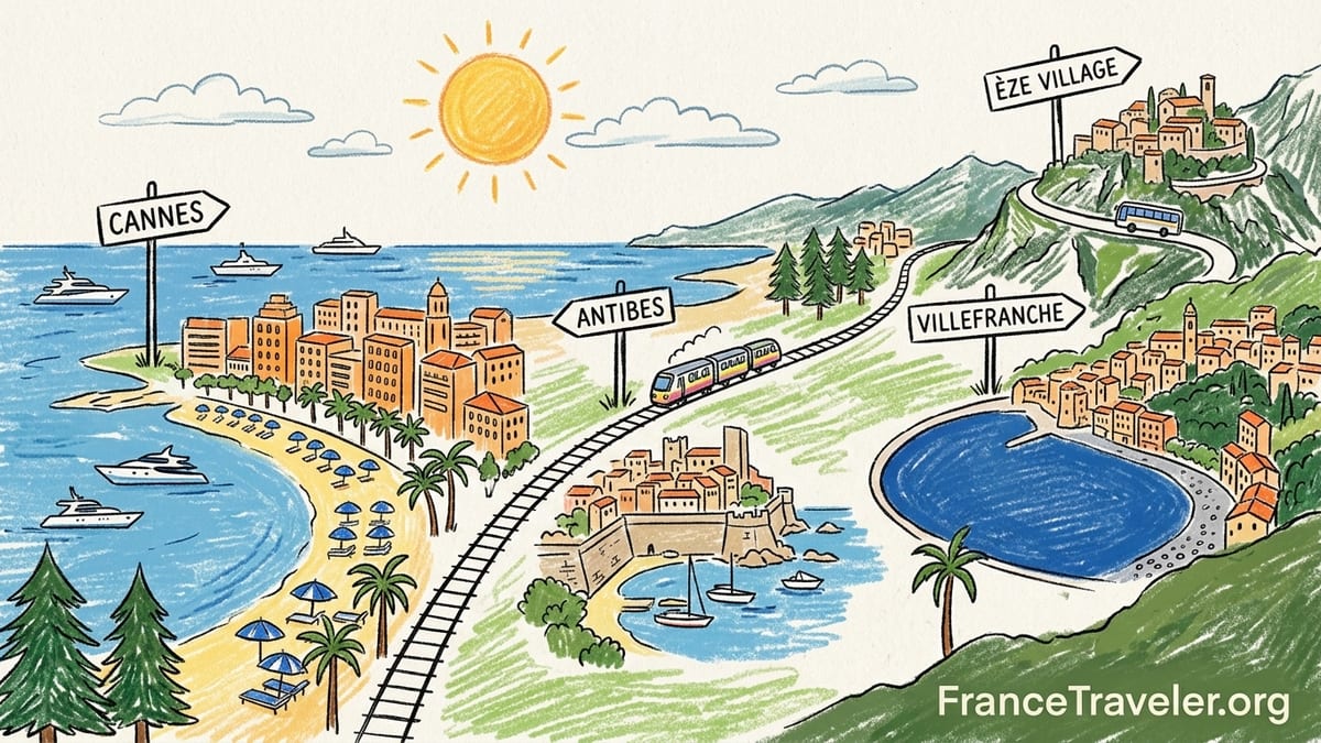 Aerial view of French Riviera bays with pastel towns, beaches and yachts at golden hour.