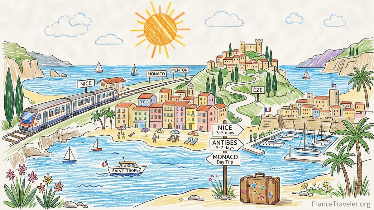 A wide coastal view over Nice and Villefranche-sur-Mer on the French Riviera in late afternoon light.
