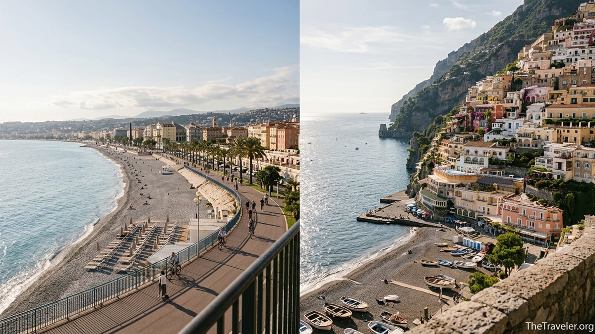 Panoramic view contrasting a flat French Riviera beach with a steep Amalfi Coast village above the sea.